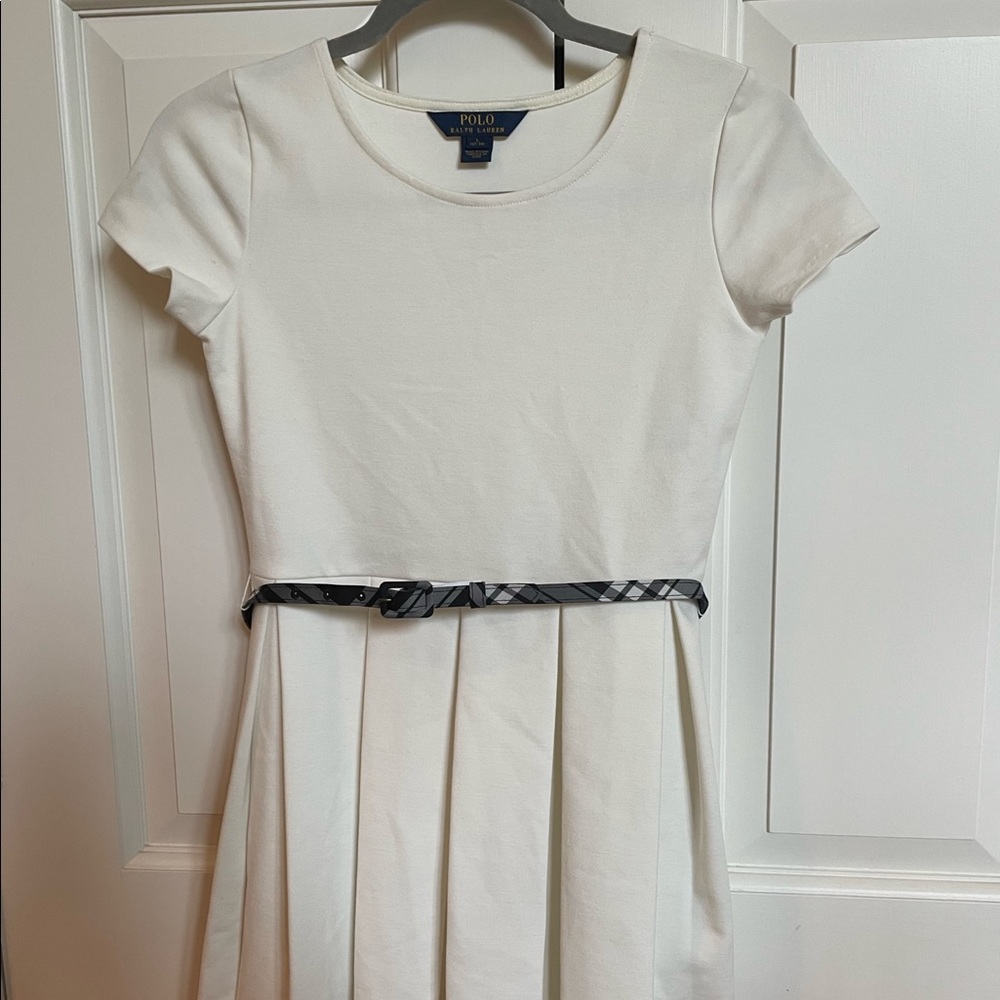 Polo Ralph Lauren Formal White Dress with Plaid Belt